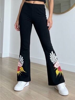 Von Dutch Black Flare womens Pants Flame Wing size M